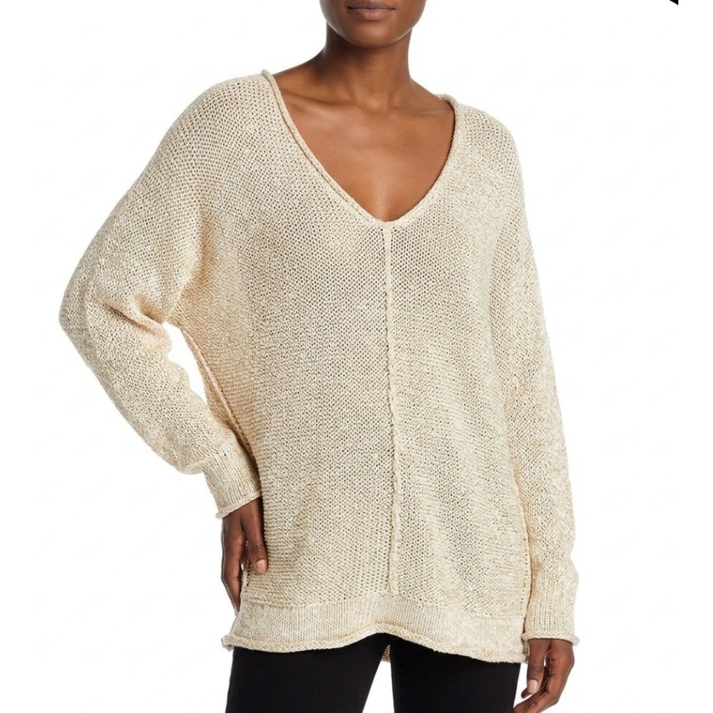 Free People Sweater Womens XS Beige Open Knit V Neck Pullover Chamoix NWT Casual